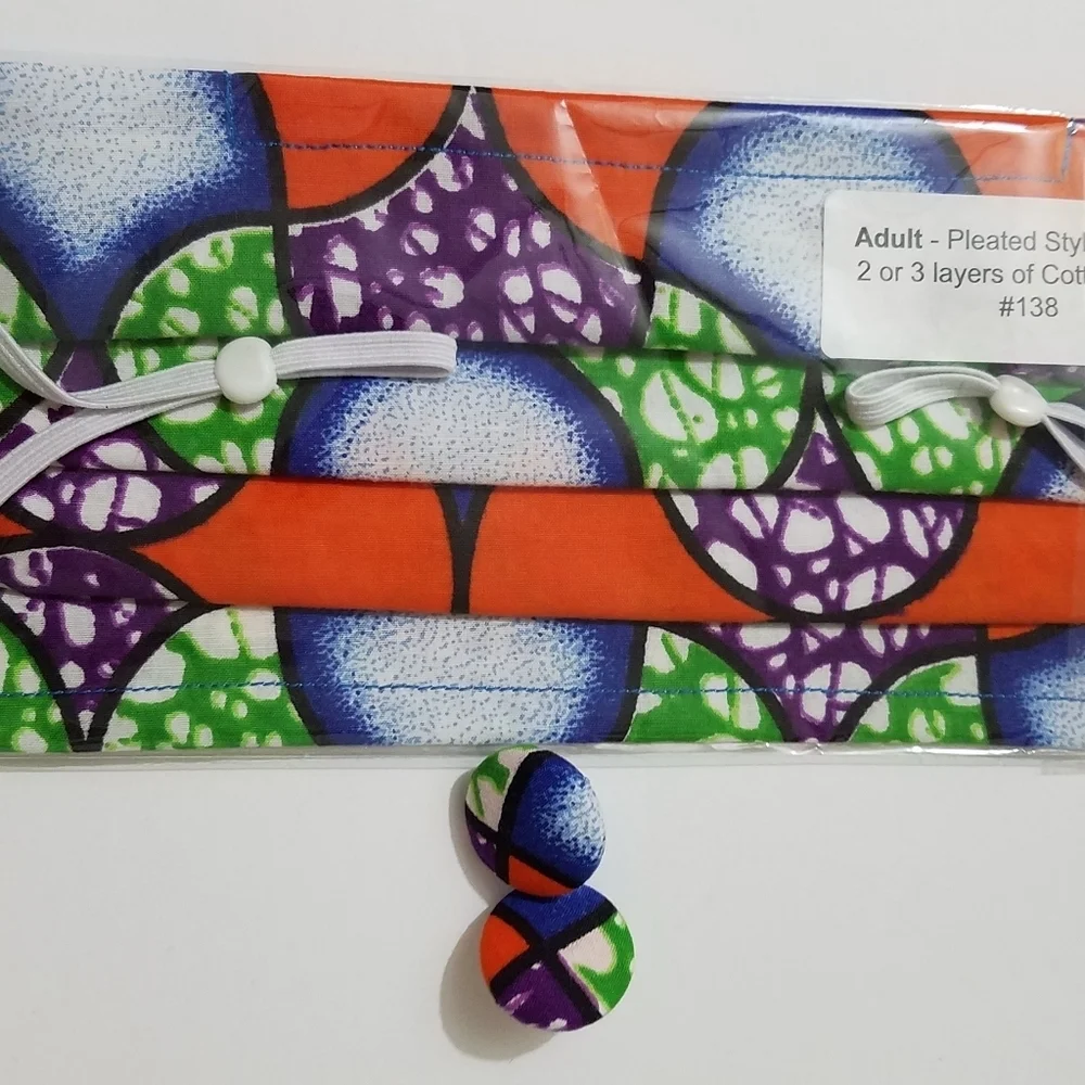 Hand Crafted Face Mask and Earrings African Wax Fabric Orange Purple Adult